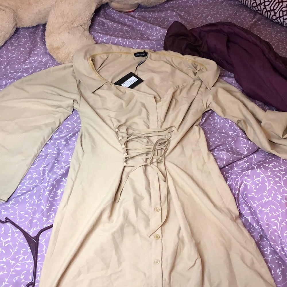 Biscuit Bardot flare sleeve lace up shirt dress